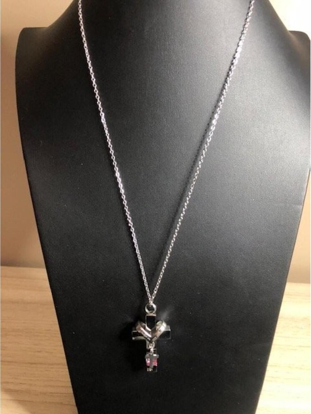 B1786 Always On My Mind Triple Cross Pendant Necklace Pink Crystal Steel 20"